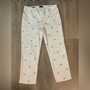 Talbots White Straight-Leg Crop Jeans with Navy Shell Embroidery